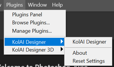 Photoshop Menu showing KolAi Designer